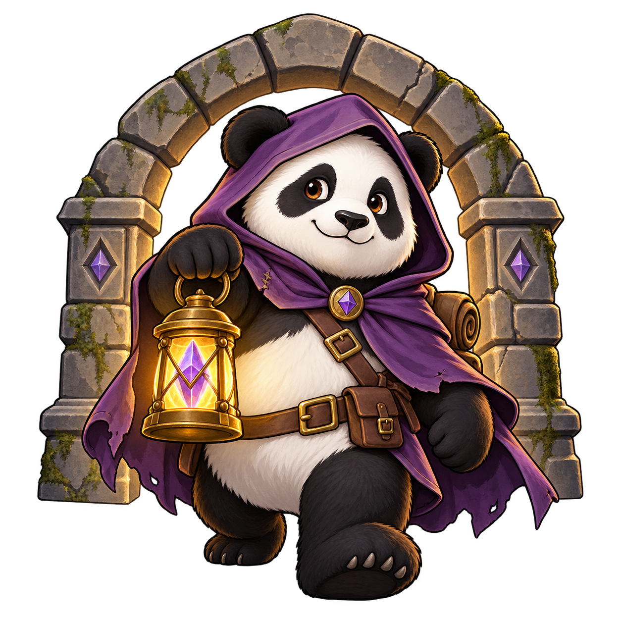 Panda Crucible mascot with a lantern beneath a stone arch