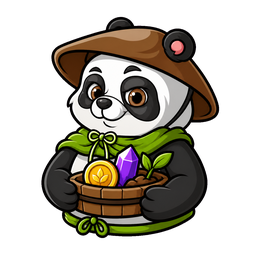 Panda Farmer mascot carrying a basket of rewards